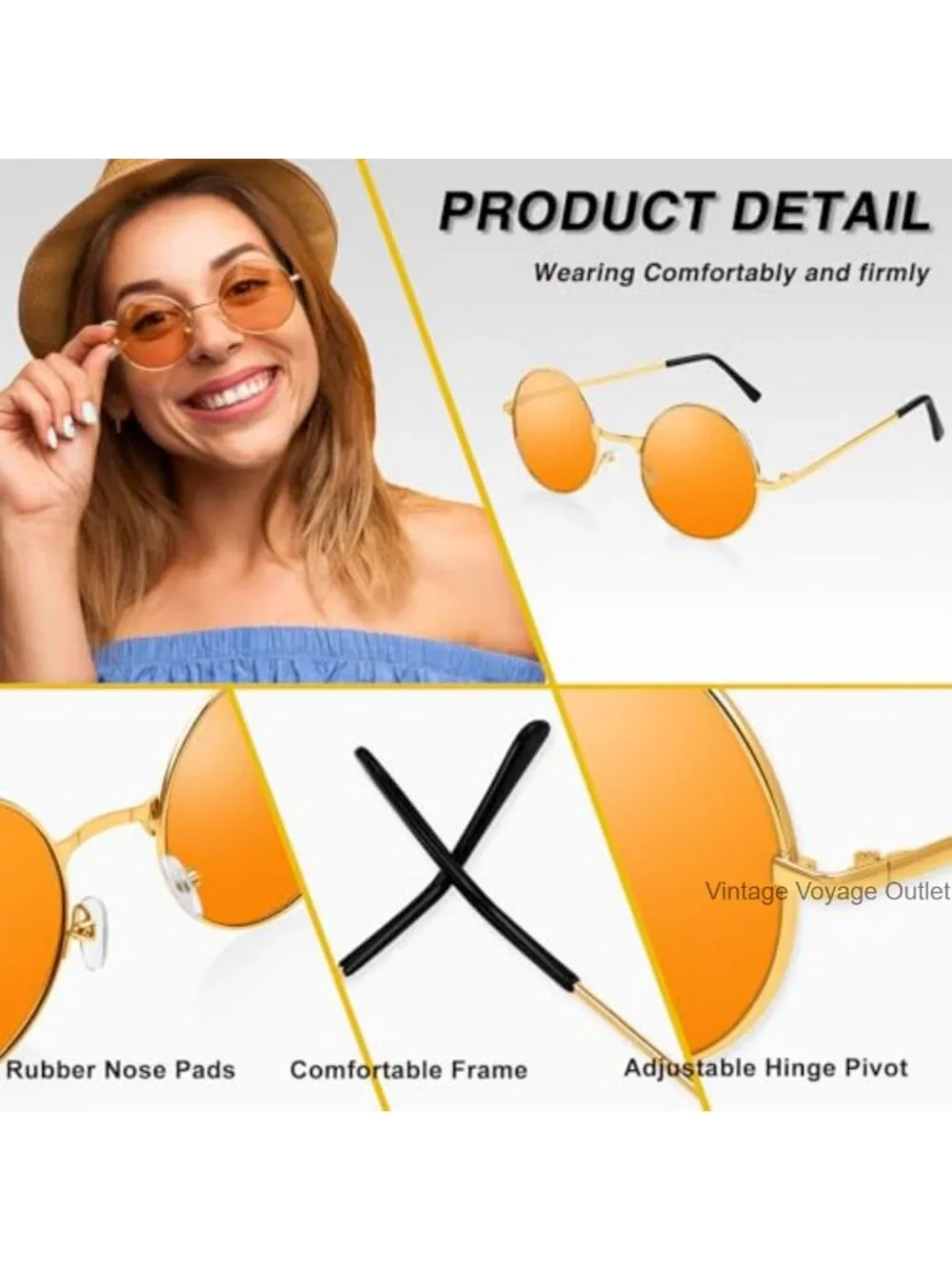 Women's Round Retro Hippie Sunglasses with Glasses Cloth and Bag